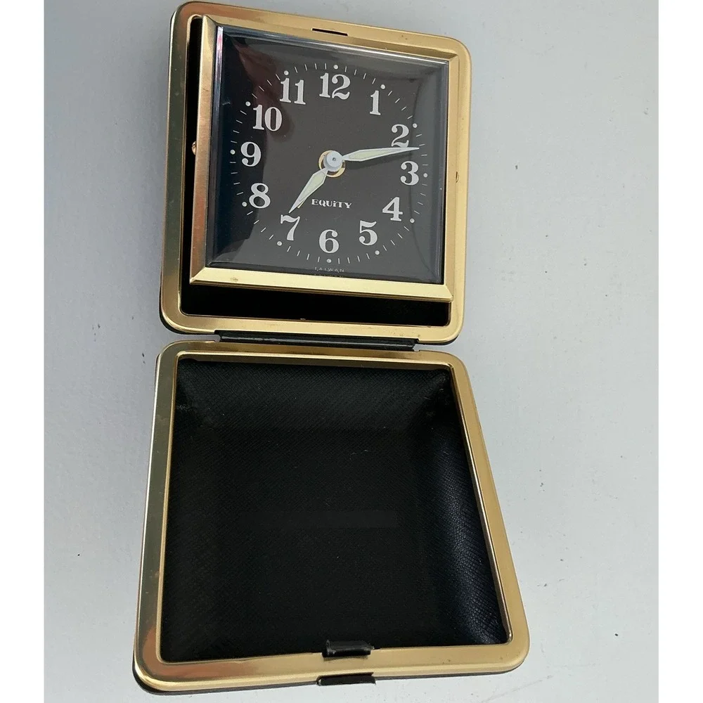 Vintage Equity Folding Wind Up Travel Alarm Clock Black Case Excellent Working